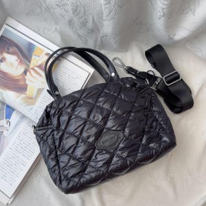 KESSLORD Black Quilted Nylon Puffer Bag - Stylish Lightweight Shoulder Bag with Detachable Strap