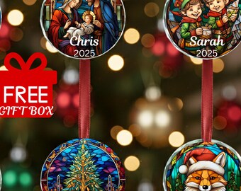 Personalized Stained Glass Christmas Ornament 2025, Custom Name Ornament, Christmas Gift for Grandchild, Family Christmas Gift
