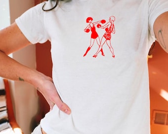 Retro Boxing Girls Baby Tee, Coquette Baby Tee, Vintage Graphic Top, Pinterest Aesthetic, 90s Tshirt, Y2K Shirt, Vintage Illustration Shirt