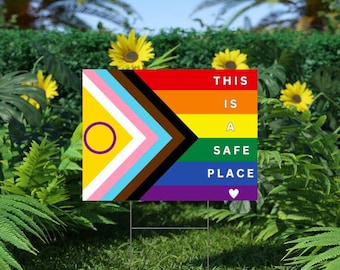 This is a Safe Place | 24&quot;x 18&quot; Progress Pride Flag Yard Sign | Multicultural Pride | Happy Pride Month | LGBTQ+ Rainbow Flag | Love Wins