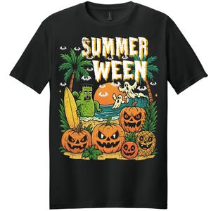 May include: Black t-shirt with a colorful graphic featuring the text "SUMMER WEEN". The design includes a beach scene with pumpkins, ghosts, palm trees, and a Frankenstein-like monster holding a surfboard.