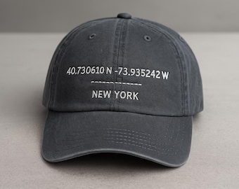 Custom Baseball Cap - Customized Embroidered Hat with Location Coordinates - Washed Out Cotton Vintage Style Dad Hat, Gift For Her - For Him