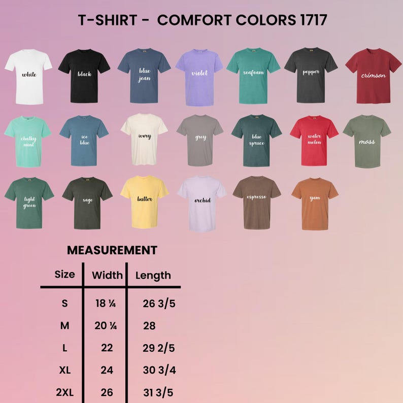 Puede incluir: Una exhibici&oacute;n de camisetas Comfort Colors 1717 en varios colores, incluyendo blanco, negro y azul vaquero. La imagen tambi&eacute;n muestra una tabla de medidas con tallas que van de la S a la 2XL, con anchos de 46.04 cm a 66.04 cm y largos de 67.63 cm a 80.96 cm.