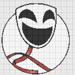 Op de afbeelding: Een grafisch ontwerp van een wit masker met een grote, open zwarte mond en zwarte ogen, geplaatst in een witte cirkel. Een rood lint strekt zich uit vanaf de basis van het masker en creëert een speels, cartoonachtig effect.