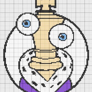 Puede incluir: Una pieza de ajedrez de dibujos animados pixelada, el rey, con grandes ojos de sorpresa. El rey es principalmente beige con una corona negra y una capa morada. Los ojos son blancos con pupilas azules, y la pieza está delineada en negro.
