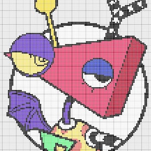 May include: A pixelated cartoon illustration featuring a pink triangular shape with a blue eye, a yellow face with glasses, and a purple helmet. The image includes a yellow spoon-like object and black and white striped legs.