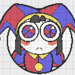 May include: A pixelated cartoon jester with a white face, large eyes, and a sad expression. The jester wears a red, blue, and yellow harlequin hat and outfit. The eyes have red, blue, and white details.