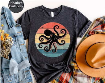 Retro Octopus Graphic Tee: Vintage Striped Ocean Shirt