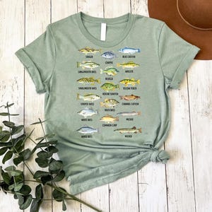 May include: Sage green t-shirt featuring a detailed illustration of various fish species, including Sauger, Crappie, and Blue Catfish. The shirt has a crew neck and short sleeves, perfect for casual wear. The fish are labeled with their names.