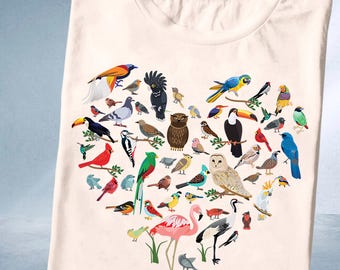 Birdwatching Heart T-Shirt: Colorful Bird Species Graphic Tee