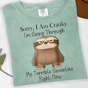 May include: A light green t-shirt with the text "Sorry, I Am Cranky I'm Going Through My Terrible Seventies Right Now." A cartoon sloth with a grumpy expression is featured on the front.
