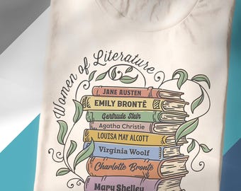 May include: A beige t-shirt with a graphic of a stack of books with the text "Women of Literature" and the names of famous female authors: Jane Austen, Emily Brontë, Gertrude Stein, Agatha Christie, Louisa May Alcott, Virginia Woolf, Charlotte Brontë, and Mary Shelley.