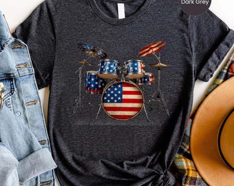 American Flag Drum Shirt - Patriotic Drummer Tee, USA Drum Set Shirt, Fourth Of July Musician Gift, Rock Band Tee