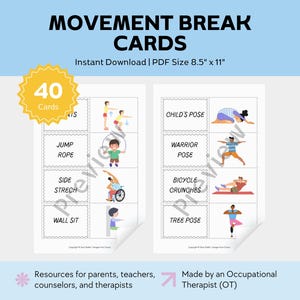 May include: Movement Break Cards with 40 cards, featuring illustrations of various exercises like Child's Pose and Jump Rope. The cards are 21.6 cm x 27.9 cm and designed for parents, teachers, counselors, and therapists.