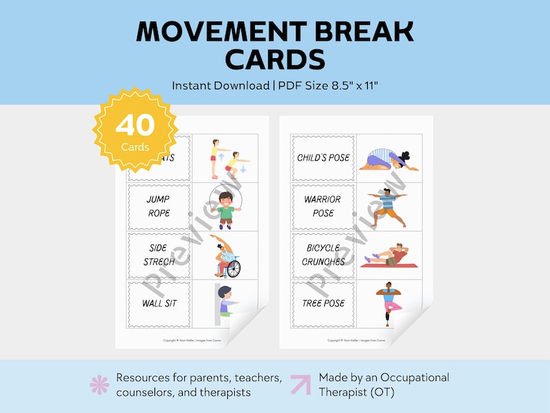 May include: Movement Break Cards with 40 cards, featuring illustrations of various exercises like Child's Pose and Jump Rope. The cards are 21.6 cm x 27.9 cm and designed for parents, teachers, counselors, and therapists.