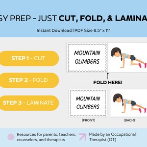 May include: An instructional graphic in light blue and white, with the text "EASY PREP - JUST CUT, FOLD, & LAMINATE!". It details steps for cutting, folding, and laminating, with exercise illustrations. The text "MOUNTAIN CLIMBERS" is also present.
