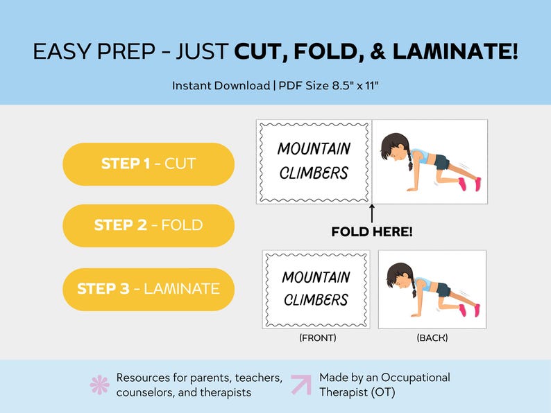 May include: An instructional graphic in light blue and white, with the text "EASY PREP - JUST CUT, FOLD, & LAMINATE!". It details steps for cutting, folding, and laminating, with exercise illustrations. The text "MOUNTAIN CLIMBERS" is also present.