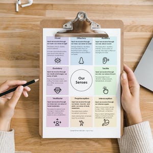 May include: A colorful chart on a clipboard with the title "Our Senses" and descriptions of the different senses: visual, olfactory, auditory, gustatory, tactile, vestibular, proprioception, and interoception.