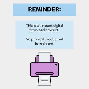 以下が含まれることがあります： これは、すぐにダウンロードできるデジタル製品であることを思い出させてくれます。物理的な製品は発送されません。画像は、紙が排出されているピンクのプリンターを示しています。