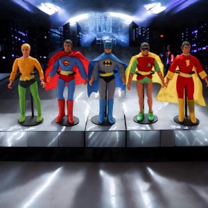 May include: Five superhero action figures standing on a silver platform. The figures are Superman, Batman, Robin, Aquaman, and The Flash. Each figure is wearing their signature costume and has a cape. The figures are all facing forward and are posed in a dynamic stance.