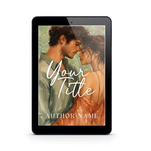 May include: A black tablet displaying a digital book cover illustration of a person in a light green shirt and another person in an orange dress standing close together. The text Your Title is written in white script, and AUTHOR NAME is in white caps.