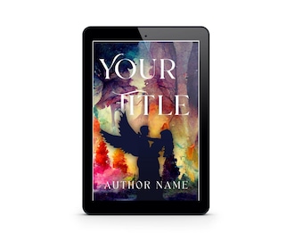 May include: A black tablet displaying a book cover with a colorful watercolor forest background. The silhouette of two figures, one with wings, stands in the center. The text reads YOUR TITLE at the top and AUTHOR NAME at the bottom.