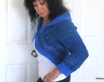 Blue Circle Shrug, Short Crochet Homespun Sweater Shrug, Fashion Knitwear