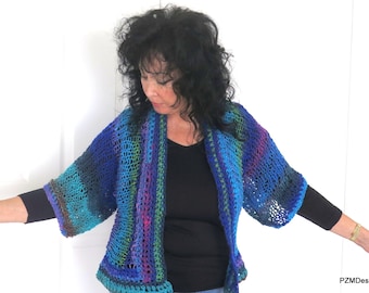 Blue Green Hand Knit Sweater Shrug, Luxury Noro Knit Sweater Jacket, Gift for Her