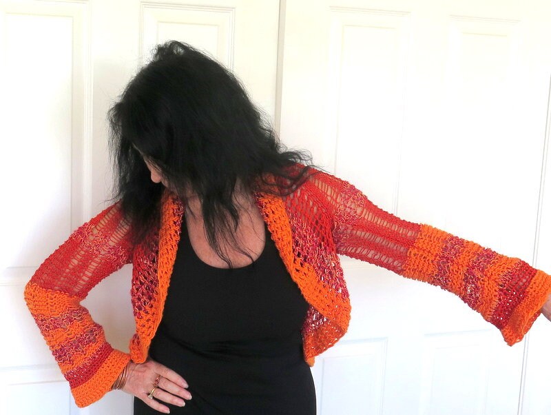 Kleding Dameskleding Sweaters Vesten orange and red color block sweater jacket Lacy orange knit shrug fine hand knit outerwear 