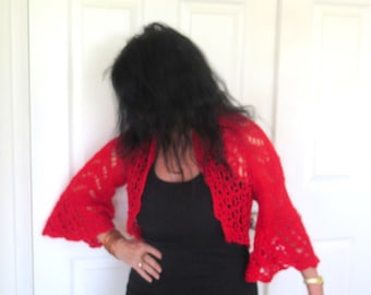 Red Hand knit Bolero Shrug, Vegan Acrylic Mohair Shrug