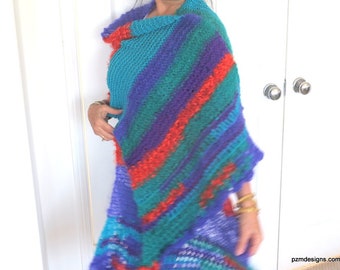 Colorful Mixed Mohair and Acrylic Knit Shawl, Large Hand Knit Wrap, Gift for Her