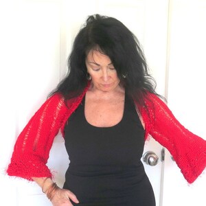 Fancy red knit sweater shrug, sparkly hand knit bolero, red cardigan sweater jacket