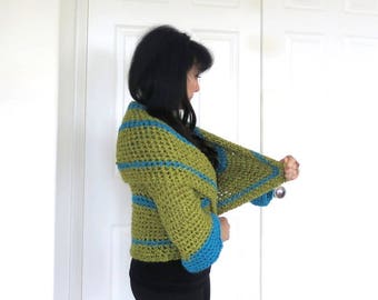 Green crochet shrug, chunky circle sweater with shawl collar, fine knit outerwear