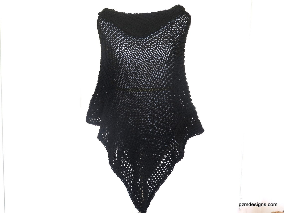 Black Hand Knit Asymmetric Poncho, Black Evening Wrap, Gift for Her - Etsy