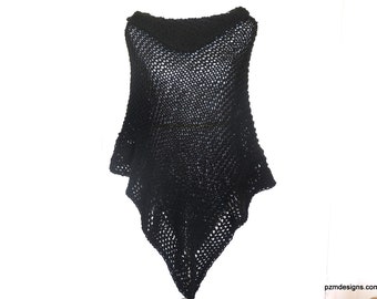 Black Hand Knit Asymmetric Poncho, Black Evening Wrap, Gift for Her