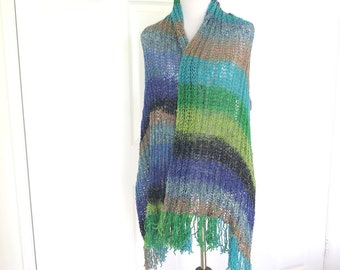 Large Knit Shawl, Multi Colored Silk Fringe Wrap, Gift for Her