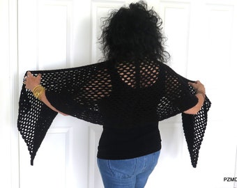 Black Fishnet Crochet Shawl, Black Evening Wrap, Gift for Her