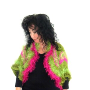 Colorful Fancy Crochet Jacket, Unusual Green and Pink Circle Shrug, Luxury Gift for Her