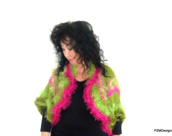Colorful Fancy Crochet Jacket, Unusual Green and Pink Circle Shrug, Luxury Gift for Her