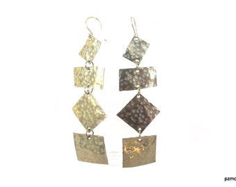 Hammered geometric earrings, Long silver earrings, modern metal jewelry