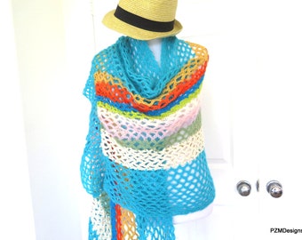 Colorful Fishnet Crochet Shawl, Lightweight Hippie Shawl