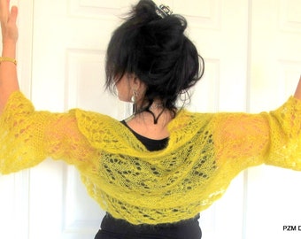 Yellow silk mohair shrug, luxury knit silk sweater with crochet edges, fine knit outerwear