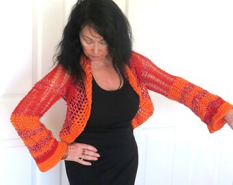 Lacy orange knit shrug, orange and red color block sweater jacket, fine hand knit outerwear
