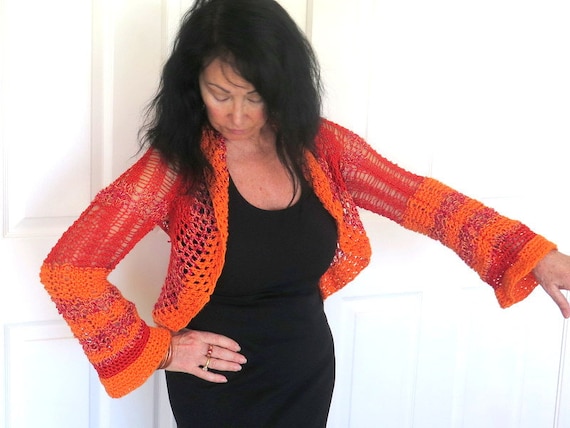 Lacy Orange Knit Shrug Orange and Red Color Block Sweater Jacket Fine Hand Knit Outerwear Etsy