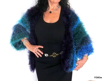 Plus Size Vegan Fur Crochet Jacket, Fancy Crochet Sweater Shrug