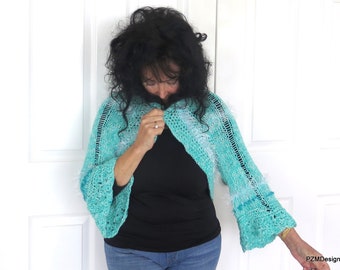 Aqua Blue Knit Shrug, Trendy Soft Bolero Shrug, Hand Knit Original Design Gift for Her