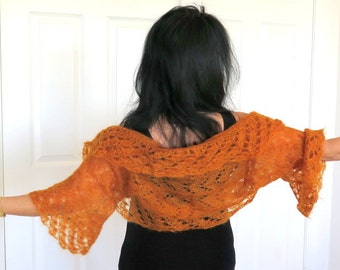 Orange silk mohair sweater,hand knit silk shrug, crochet trim, luxury knitwear gift for her