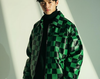 Black Friday Anime Inspired Green Checkered Faux Leather Jacket – Streetwear Bomber Costume – Unisex Cosplay Outfit with Free Wallet