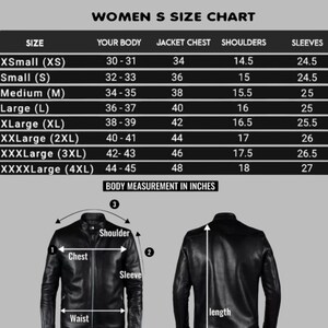 Puede incluir: Tabla de tallas de chaquetas para mujer en pulgadas. Las tallas van de XS a XXXXL, con medidas correspondientes de cuerpo, pecho, hombros y mangas. Diagramas ilustran los puntos de pecho, manga y hombro para una medici&oacute;n precisa.