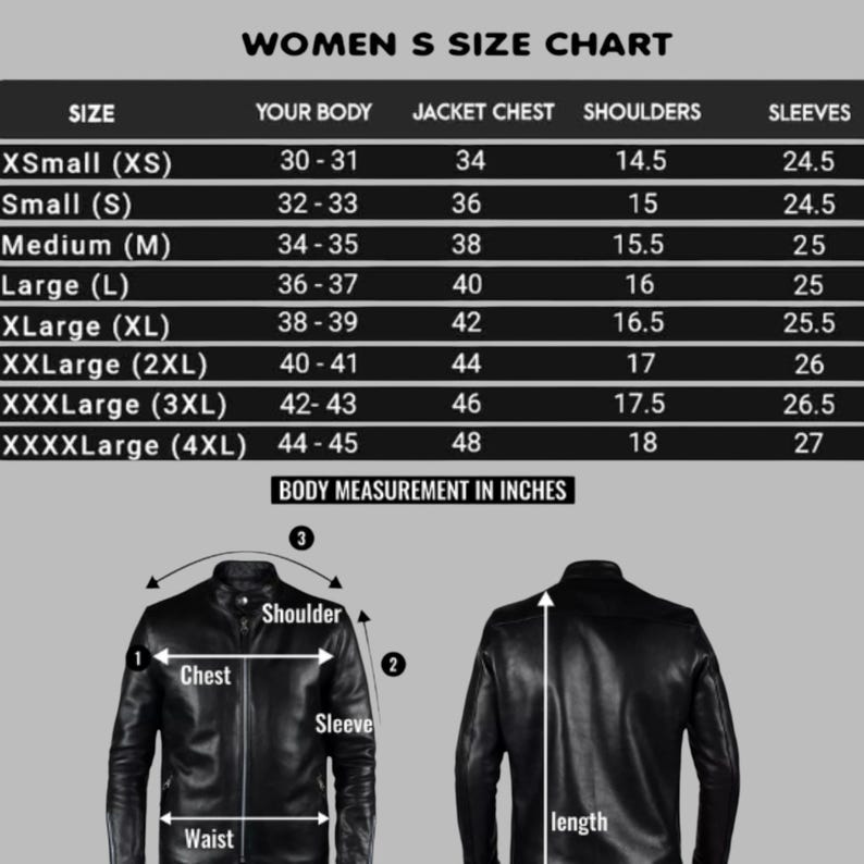 Puede incluir: Tabla de tallas de chaquetas para mujer en pulgadas. Las tallas van de XS a XXXXL, con medidas correspondientes de cuerpo, pecho, hombros y mangas. Diagramas ilustran los puntos de pecho, manga y hombro para una medici&oacute;n precisa.